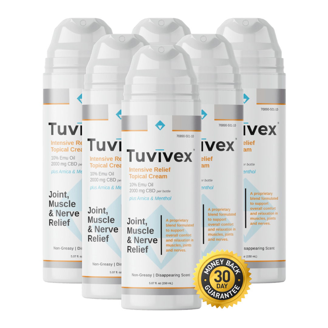 Six bottles of Tuvivex Intensive Relief Cream bottle for sale for $37.77 each, offering fast-acting relief for joints, muscles, and discomfort in areas like hands, feet, knees, hips, shoulders, and back.
