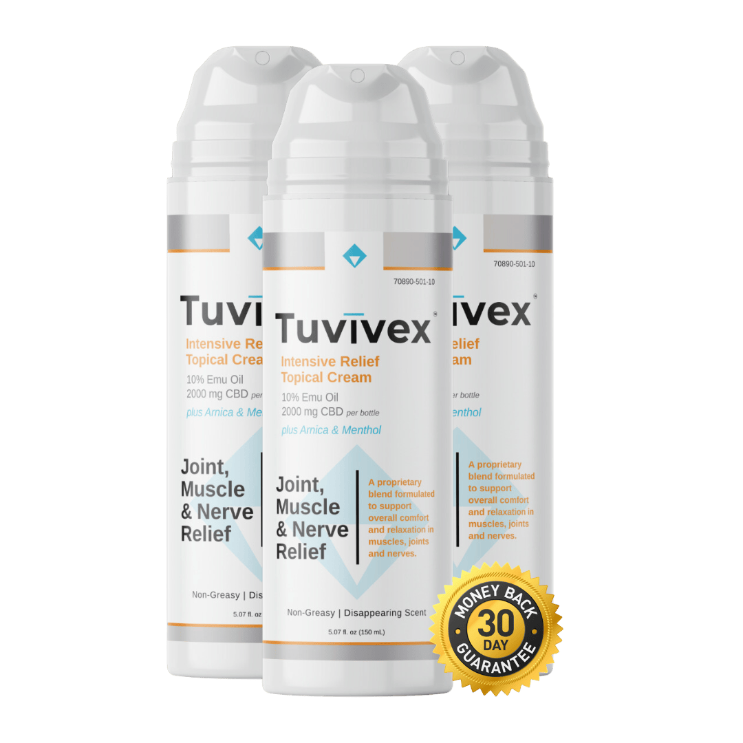 Three bottles of Tuvivex Intensive Relief Cream bottle for sale for $47.77 each, offering fast-acting relief for joints, muscles, and discomfort in areas like hands, feet, knees, hips, shoulders, and back.