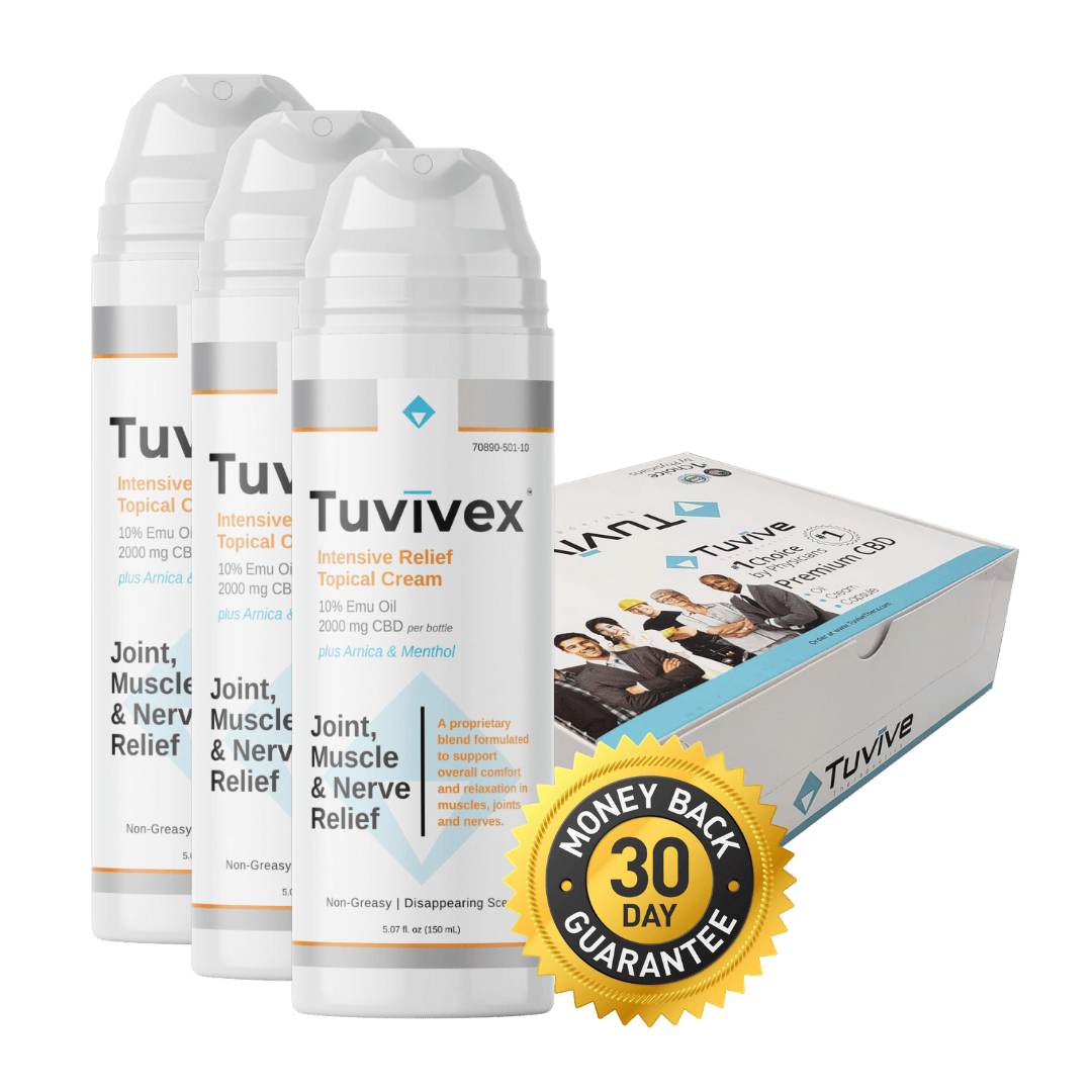 Tuvivex Intensive Relief Cream bottle and box featuring natural ingredients for soothing comfort and fast-acting relief from joint and muscle discomfort. 30 day guarantee