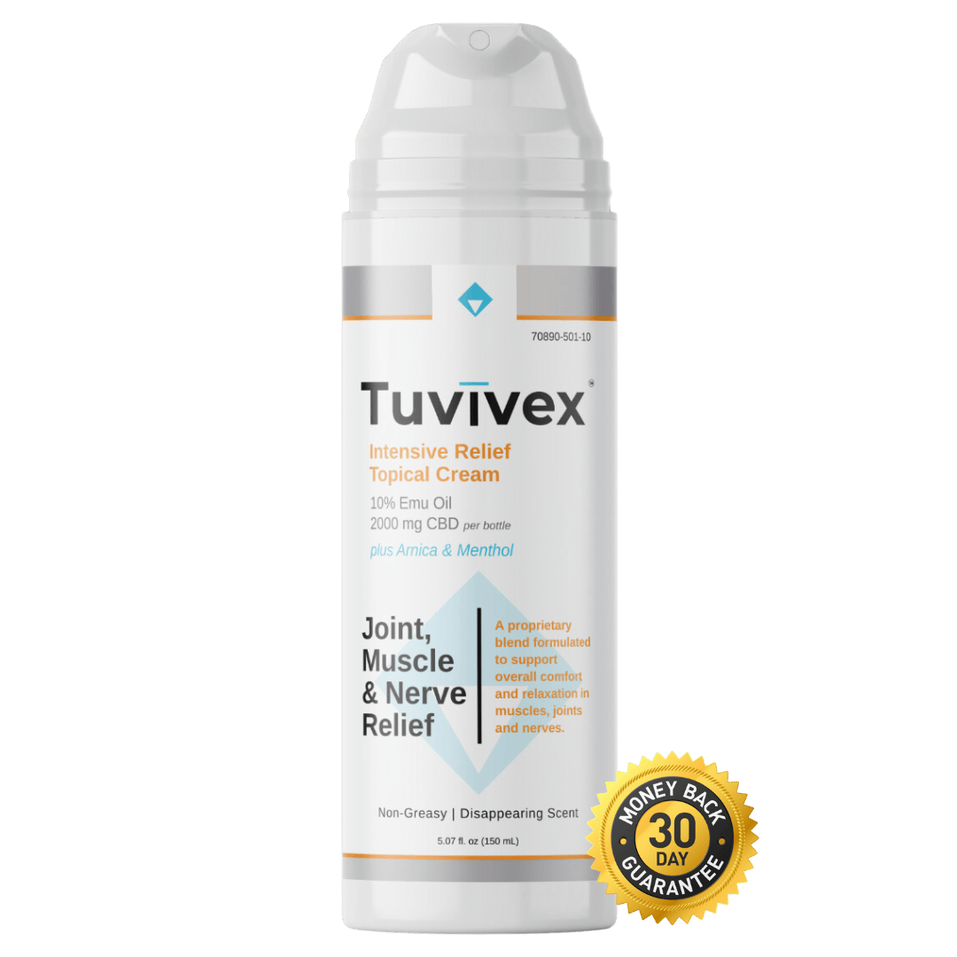 One bottle of Tuvivex Intensive Relief Cream bottle for sale for $67.77, offering fast-acting relief for joints, muscles, and discomfort in areas like hands, feet, knees, hips, shoulders, and back.