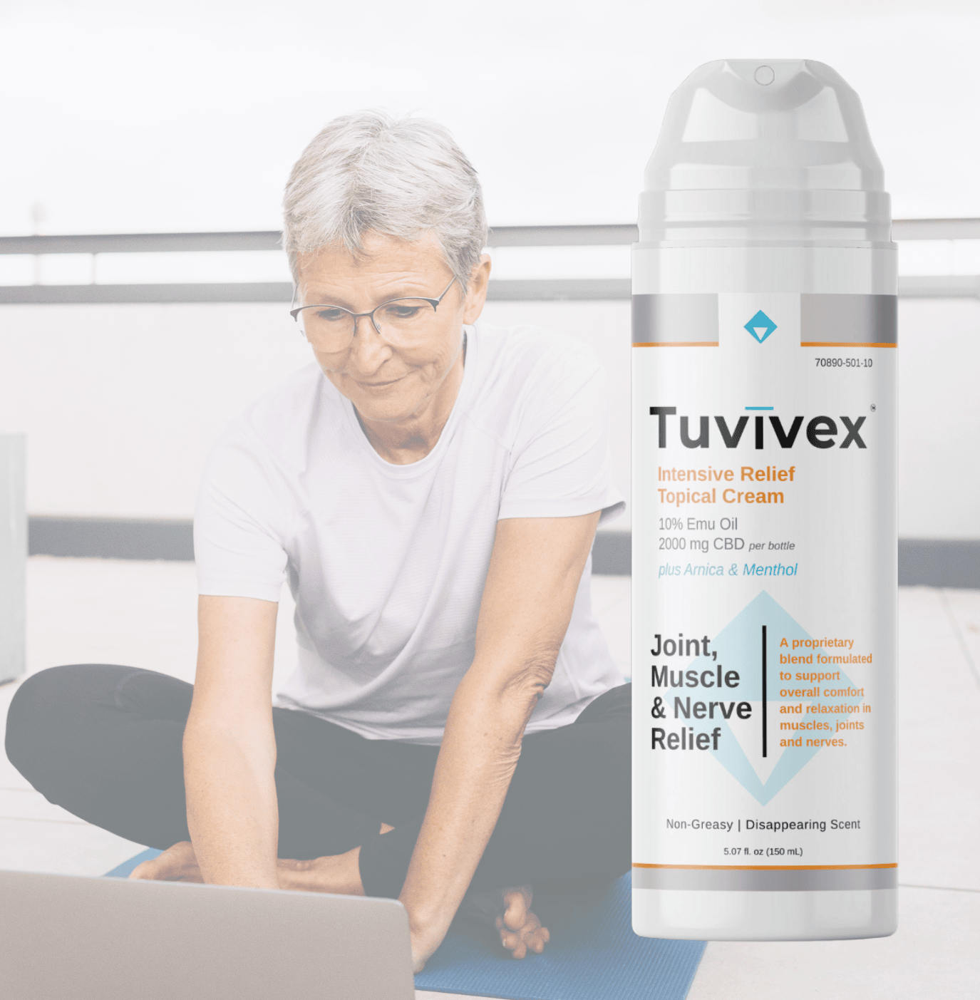 Snow skier racing downhill with Tuvivex Intensive Relief Cream bottle next to him, offering fast-acting relief for joints, muscles, and discomfort in areas like hands, feet, knees, hips, shoulders, and back.